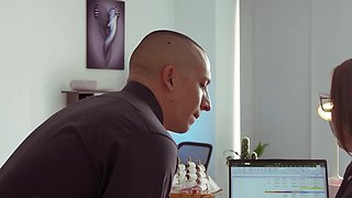 Hot Latina redhead secretary getting fucked on an office desk in ripped pantyhose