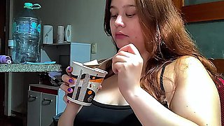 Hot Chubby Woman Filling Her Round Belly with Some Sweets