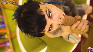 Goth queen teases petite melons & nips then takes aggressive doggystyle, cascading facial