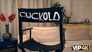Vip4k. russian slutty dark haired is having Double Penetration joy in front of her husband