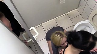 Toilet threesome with head in the toilet while flushing