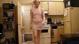 Crossdresser hubby wearing my pink dress flaunts his saggy ass