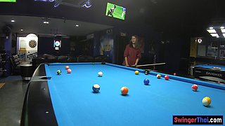 Curvy bottom Thai GF plays pool and blowjobs