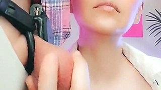 Emily Touches His Balls in Chastity Cage and Shows Her Boobs