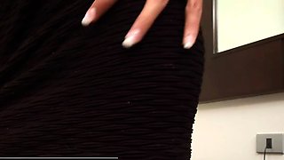 Slender ladyboy in black dress masturbates solo by the