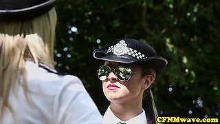 CFNM police babes jerking cock outdoors