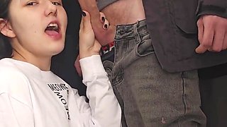 Playful teen swallows a huge hard wood before a pussy fuck