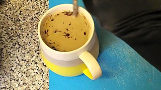 Making a morning cup in hot lingerie