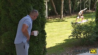 Daddy4k. teen skinny girl was so cute so she demonstrated her boyfriend's grandpa what the real deepthroat is