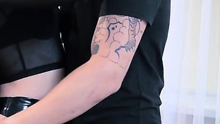 A slutty wife made me cum on her latex leggings