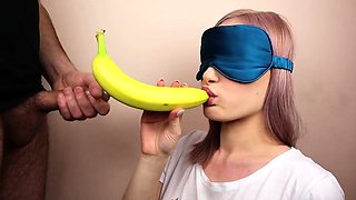 Petite step sister got blindfolded in fruits game