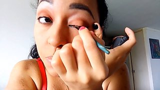 Hot Latina babe Saturno Squirt finishes her makeup and starts pleasuring her smooth-shaven kitty with multiple orgasms