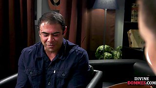 Office busty femdom pegging her sub before cockjerking