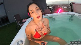 Dora explores herself in the pool with toys