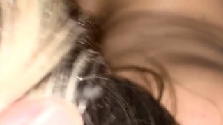 Busty curly brunette with big boobs fucks on couch