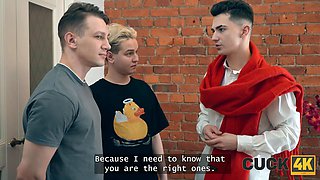 Cuck4k. Double Penetration three-way with hot russian dark haired and 2 strangers