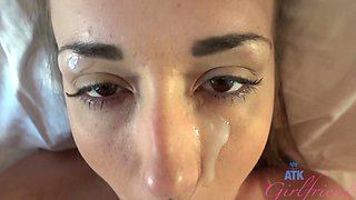 Two teenage sluts riding big cocks and getting messy facials