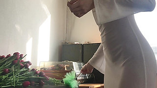 cleanind lady in transparent dress