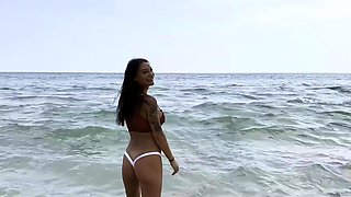 Monika Fox In White Panties And Burgundy Top Walks Along