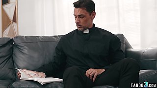 Distressed MILF riding on a priests dick