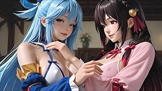 Sfw Aqua and Yunyun From Konosuba Soft Show Touching and Kissing Lesbian