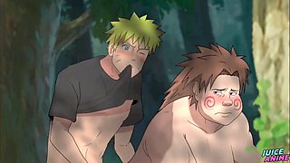 Chubby Choji lets his straight buddies Kiba and Naruto enjoy his generous rear - Bara Yaoi