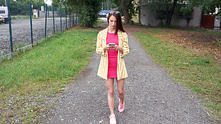 Skinny Fit Looker in Pink Dress Strips and Fucks on the Table
