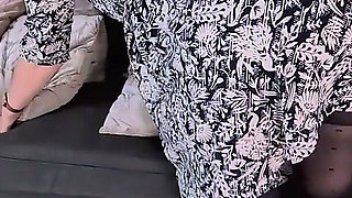 Stepmom in a Dress and Pantyhose Gets Her Ass Spanked and Fingered Then Fucked Doggy on the Couch!