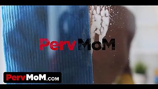 Pervmom - playful cougar gets nude in the kitchen and serves her sonny a breakfast fellatio