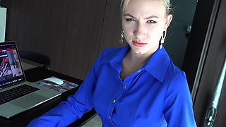 Femdom fetish blonde makes cuckold lick cumshot