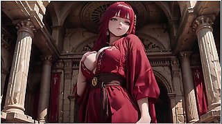 Red-haired Priestesss Forbidden Bath Ancient Stone Corridors Dappled With Light She Lounges In A Circular Pool Overflowing With Liquid