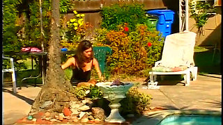Vintage lesbians pussy licking dildo penetrated the swimming pool