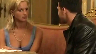 Blonde bitch sucks boy's juicy cock on couch