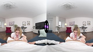 Teeny Mila's porcelain skin glows under VR lights as she sucks and rides you in multiple positions