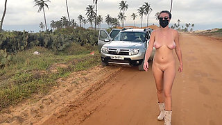 Naked Busty Blonde Walks by Car on Public Road