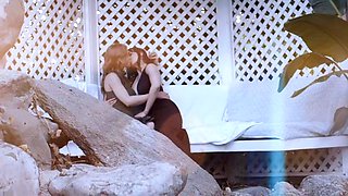 Pale blonde and tanned brunette lesbians toying and licking
