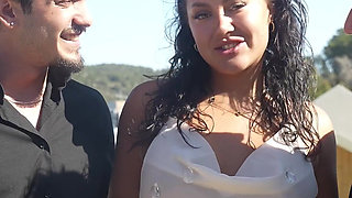 Threesome a Brunette Super After Outdoor Interview