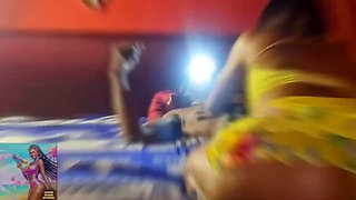 Hot Ebony in Led Mask Gags on Massive Cock BTS