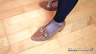 Elegant & Edgy: Black Leggings, Fine Fishnet & Suede Flats