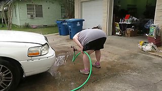 Hot Mature BBW Redhead Nurse Vicki Washes Her Car!