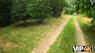 Vip4k. stunner with pierced nips and tattoos screws in the woods