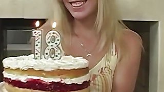 Flaming Hot Blonde Girl with a Birthday Present Gives Her Man a Great Blowjob