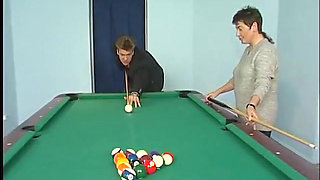 Stockinged mature slut fucked hard after pool stick drills her cooch