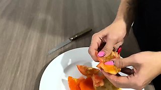 Food Fetish eating my papaya catched for my stepsister