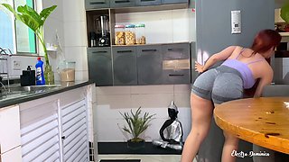Sexy maid flaunts her curvy bottom in tiny shorts