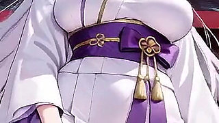Silver-haired Miko Shrine Secrets! Half-unbuttoned White Kimono, Kneeling Poses and Intense Eye Contact.