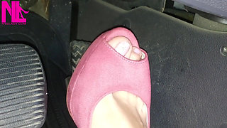 Barefoot Driving and Revving in Vivid Pink High Heeled Sandals