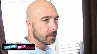 Trampy teens Jade Jantzen and moly mae get eyes covered and banged hardcore by their stepdad's