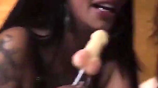Tattooed Latinas Party with Wild Dildo Fun in Bed