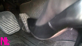 Pedal Pumping in Black Pantyhose and Grey Patent High Heels